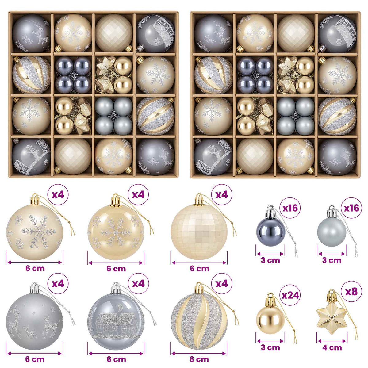 Christmas Ball Set 88 pcs Gold and Grey Ø 6 cm Plastic