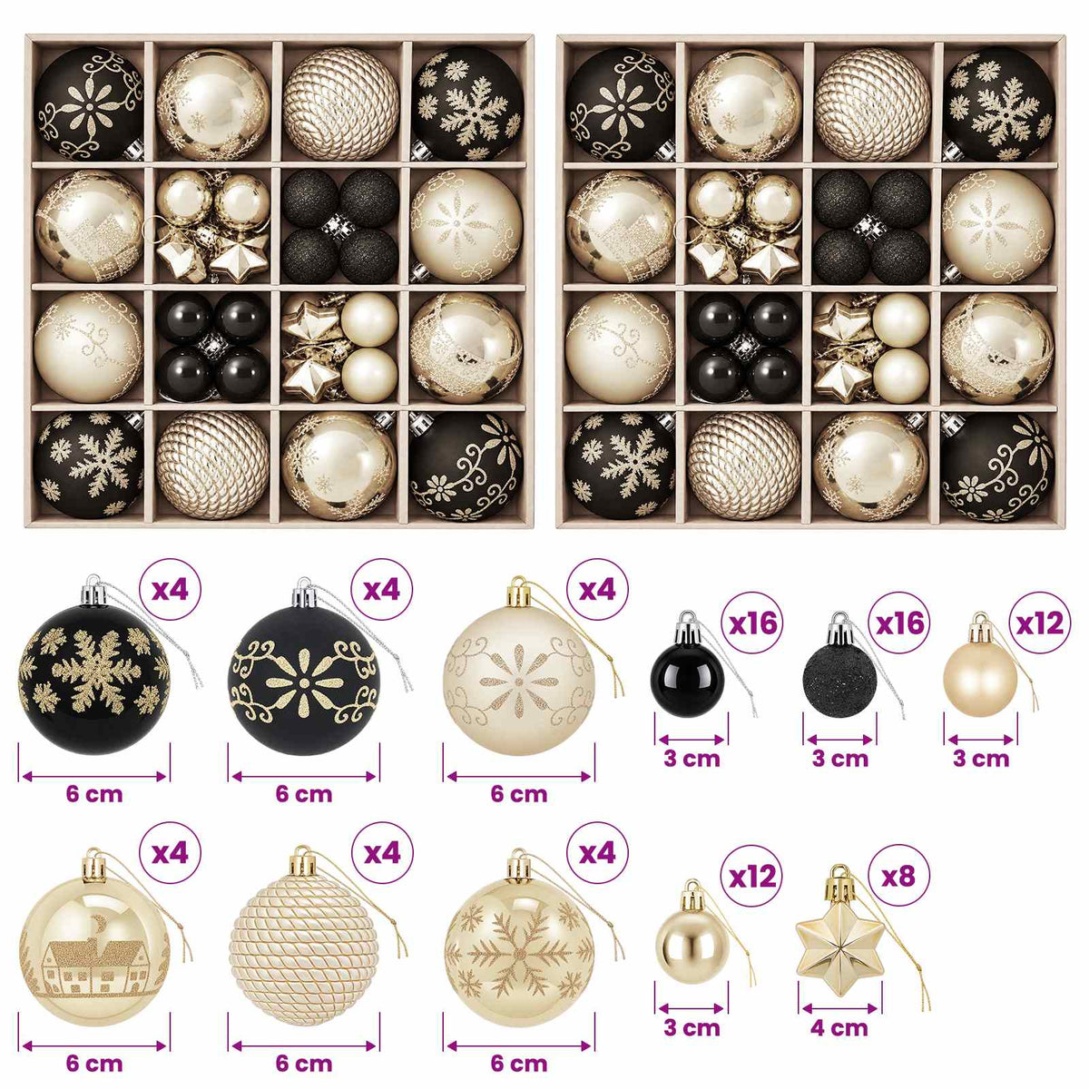 Christmas Ball Set 88 pcs Black and Gold Ø 6 cm Plastic