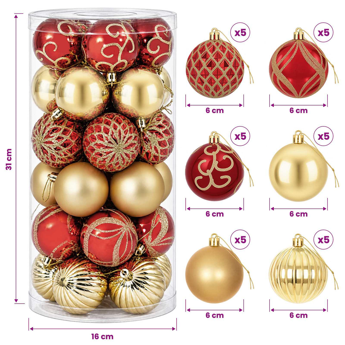 Christmas Ball Set 30 pcs Gold and Red Ø 6 cm Plastic