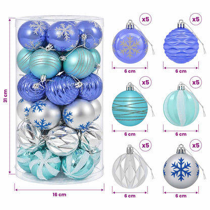 Christmas Ball Set 30 pcs Silver, Blue and Turquoise Ø 6 cm