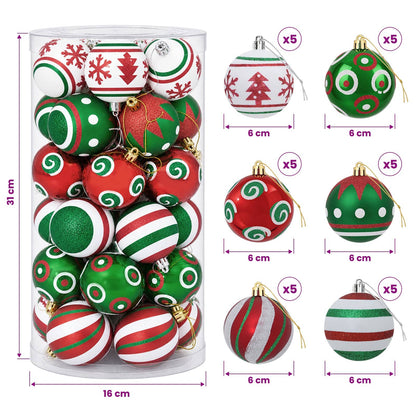 Christmas Ball Set 30 pcs White, Red and Green Ø 6 cm Plastic