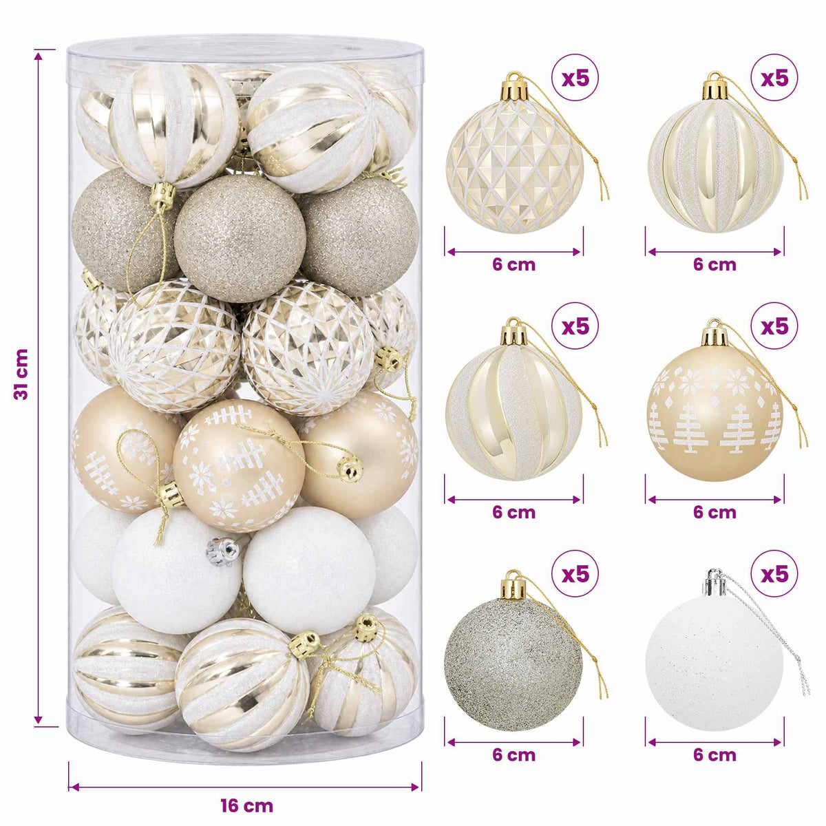 Christmas Ball Set 30 pcs Gold and White Ø 6 cm Plastic