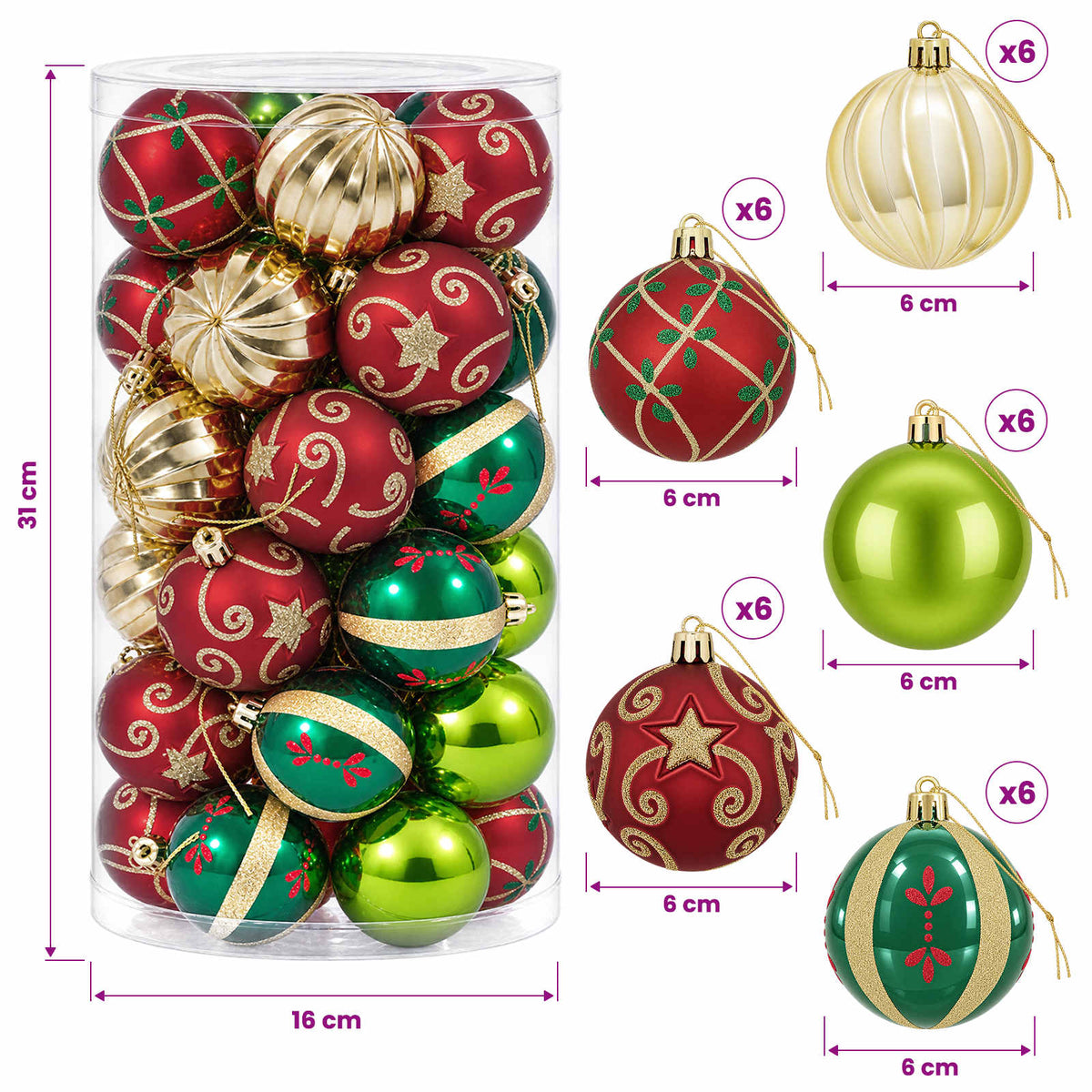 Christmas Ball Set 30 pcs Red, Green and Gold Ø 6 cm Plastic