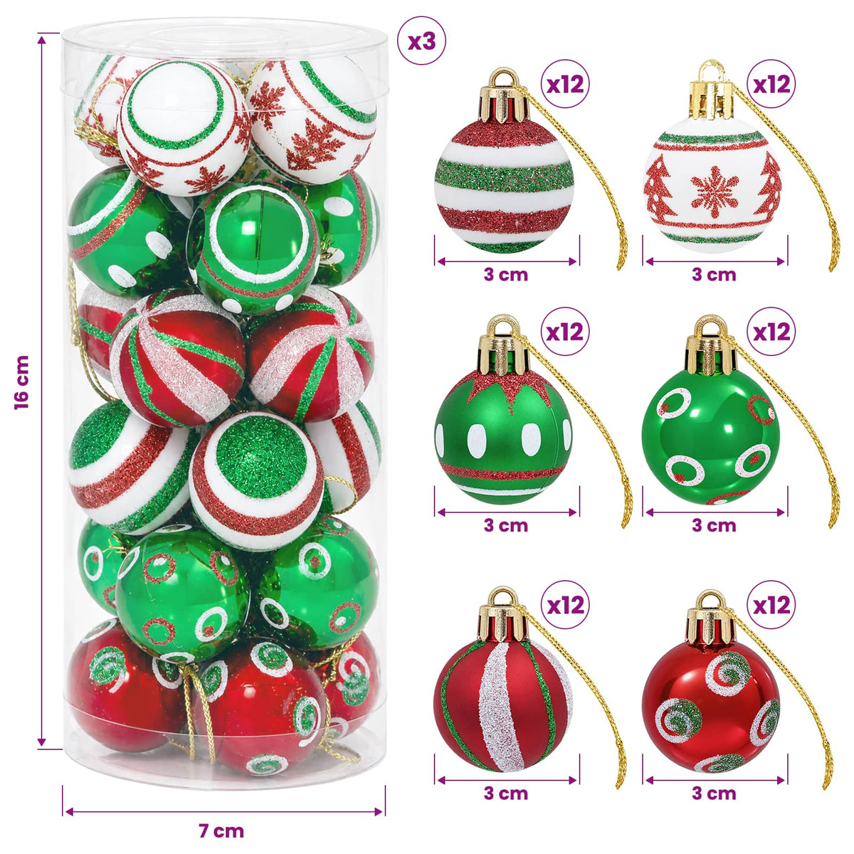 Christmas Ball Set 72 pcs Red, White and Green Ø 3 cm Plastic