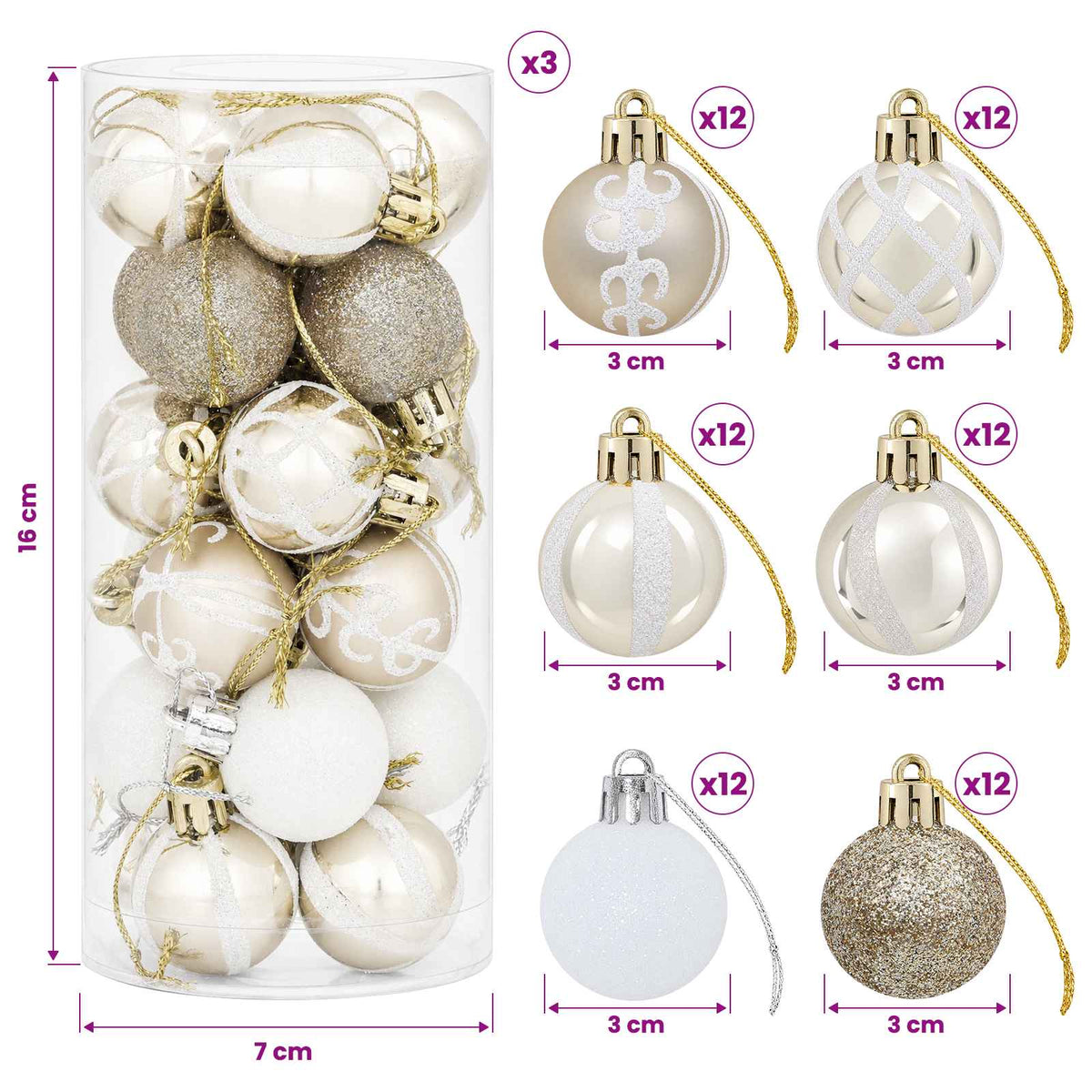 Christmas Ball Set 72 pcs Champagne and White Ø 3 cm Plastic
