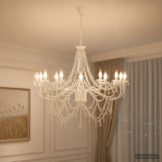 Adjustable Chandelier with Beads E14 Metal and Acrylic White