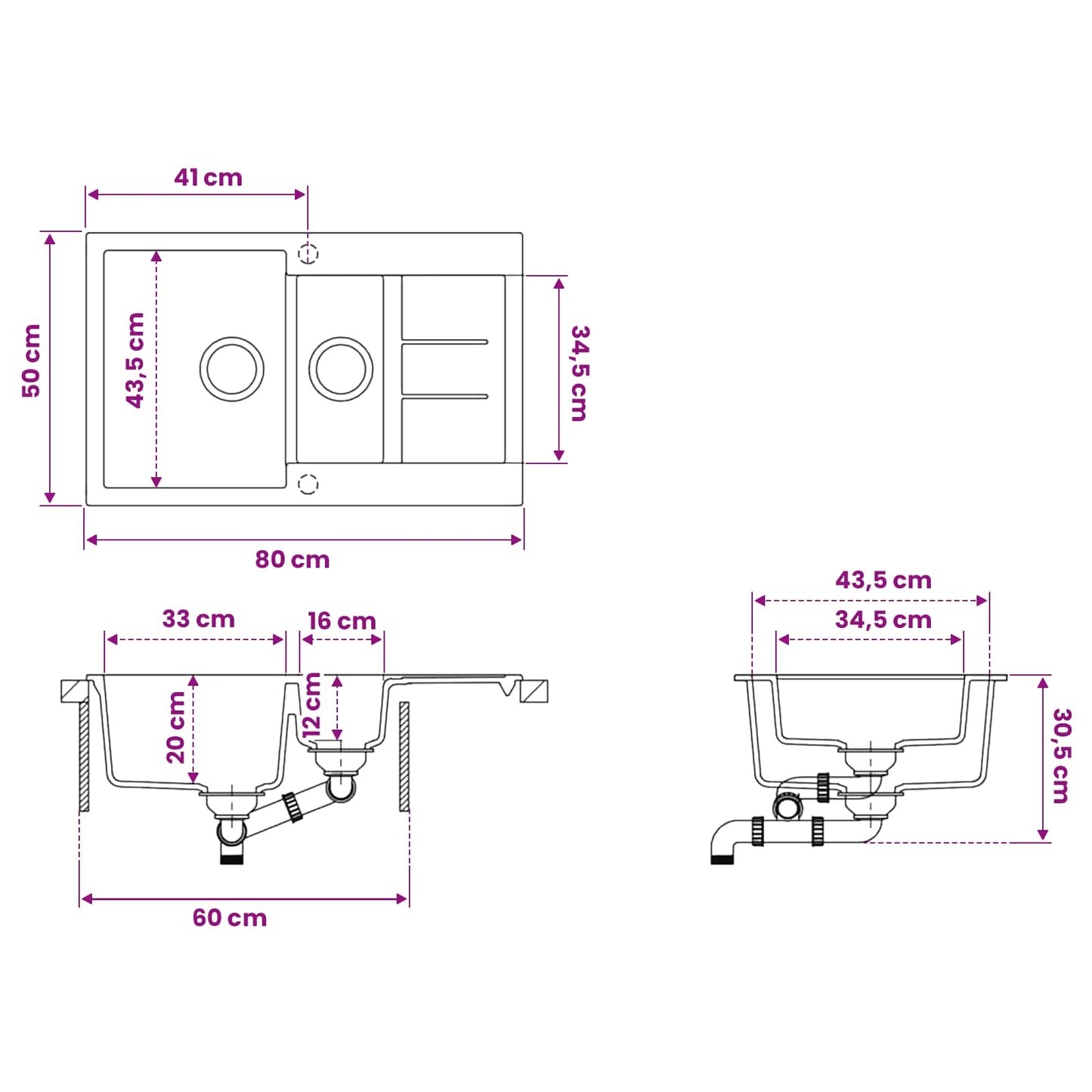 Kitchen Sink Double Basin Granite 80 x 50 x 30.5 cm Graphite