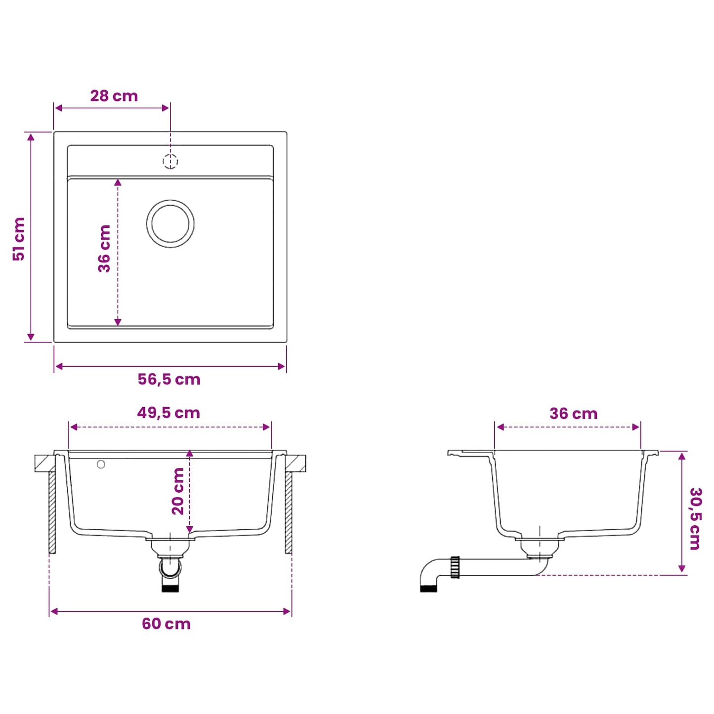 Kitchen Sink Single Basin Granite 60 x 51 x 30.5 cm Graphite