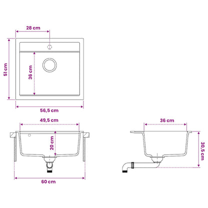 Kitchen Sink Single Basin Granite 60 x 51 x 30.5 cm Graphite