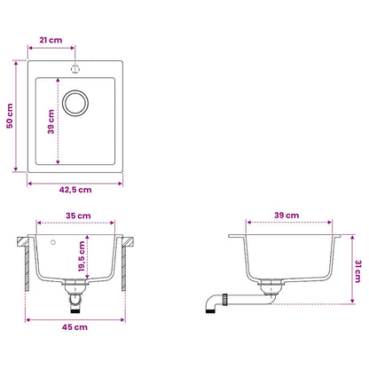 Kitchen Sink Single Basin Granite 42.5 x 50 x 31 cm Graphite