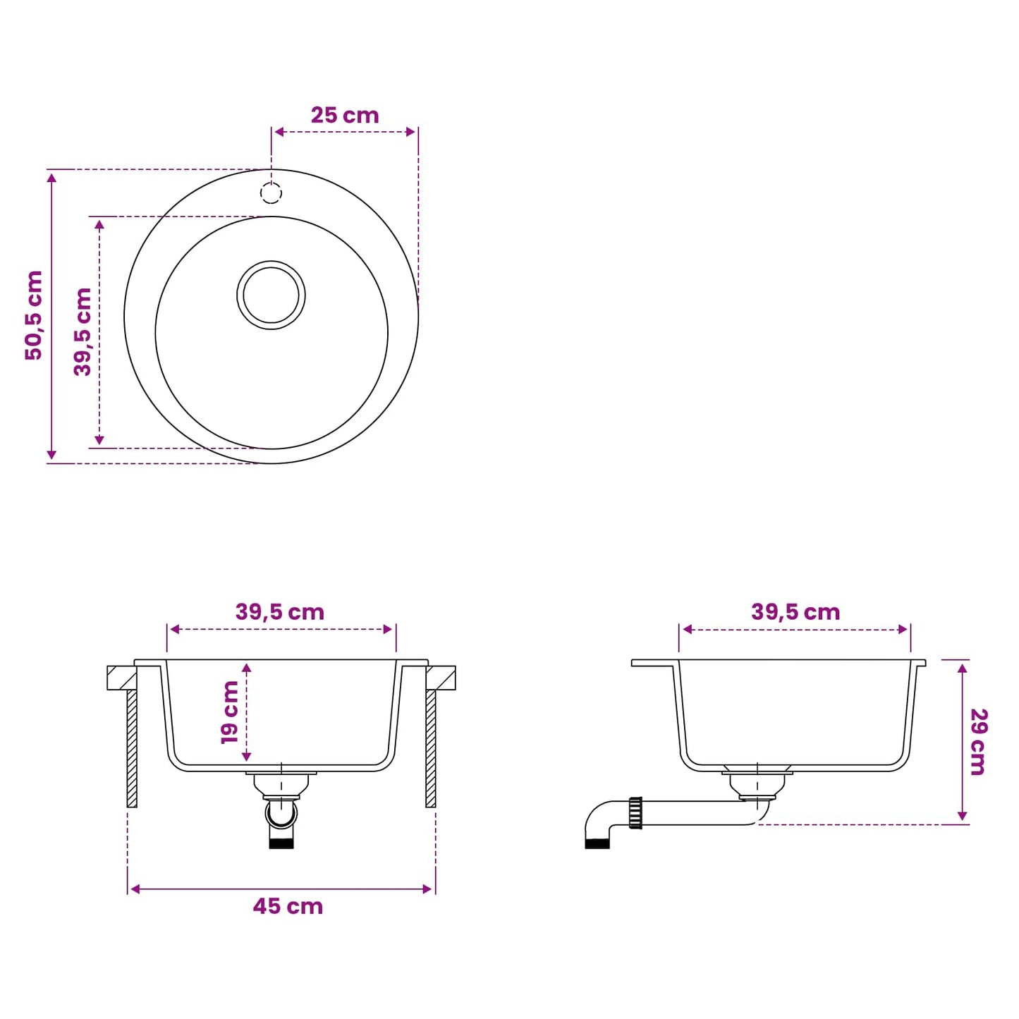 Kitchen Sink Single Basin Granite 50.5 x 29 cm Graphite