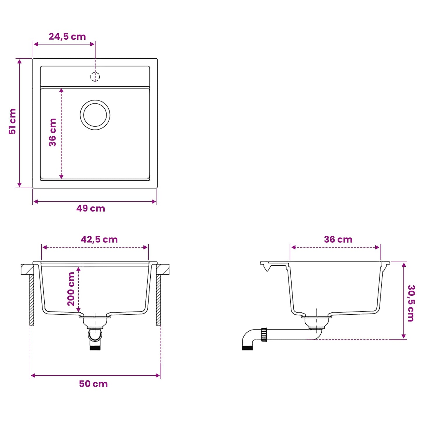 Kitchen Sink Single Basin Granite 49 x 51 x 30.5 cm Graphite