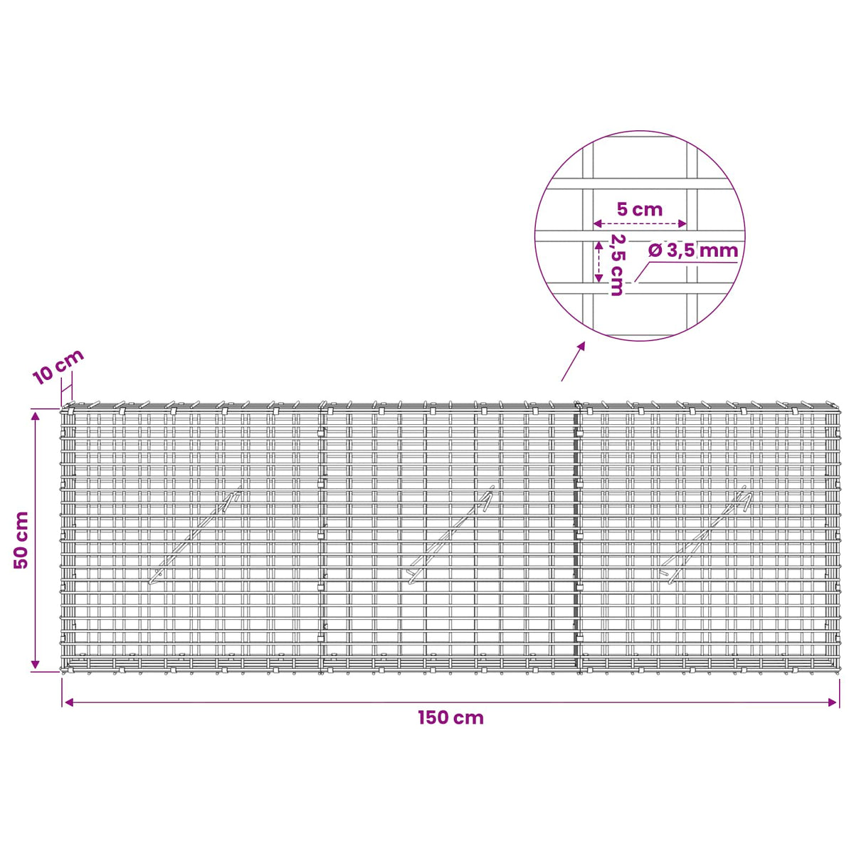 Gabion with 3.5 mm Wire and 5x2.5 cm Mesh 150x10x50 cm