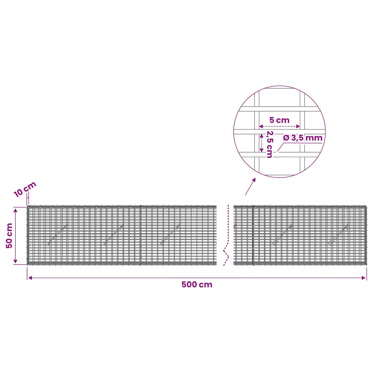 Gabion with 3.5 mm Wire and 5x2.5 cm Mesh 500x10x50 cm