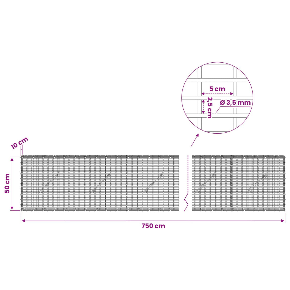 Gabion with 3.5 mm Wire and 5x2.5 cm Mesh 750x10x50 cm