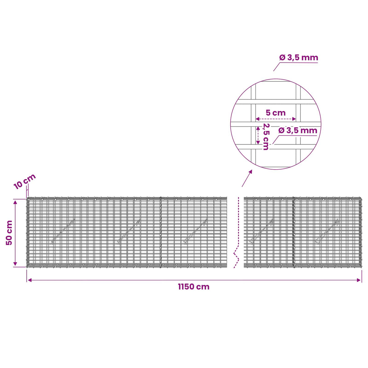Gabion with 3.5 mm Wire and 5x2.5 cm Mesh 1150x10x50 cm