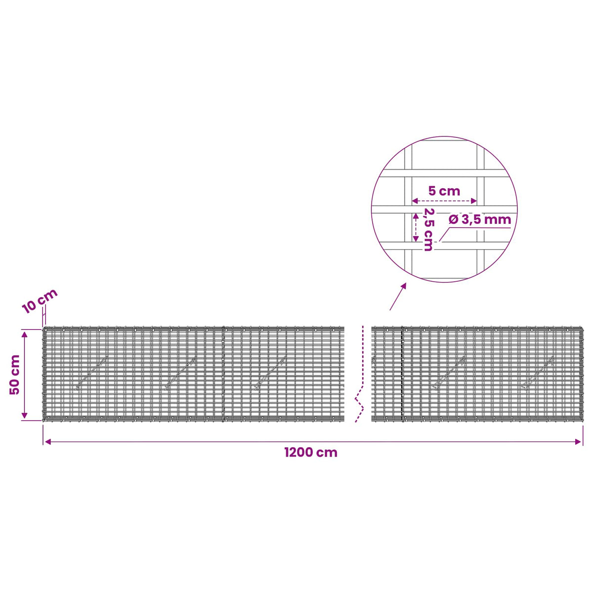 Gabion with 3.5 mm Wire and 5x2.5 cm Mesh 1200x10x50 cm