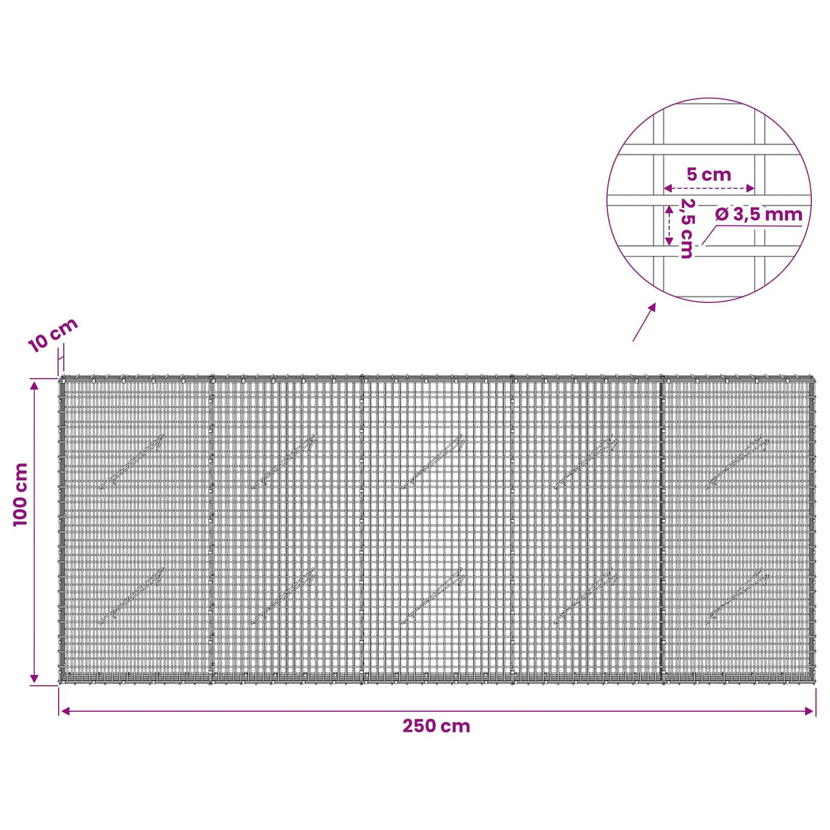 Gabion with 3.5 mm Wire and 5x2.5 cm Mesh 250x10x100 cm