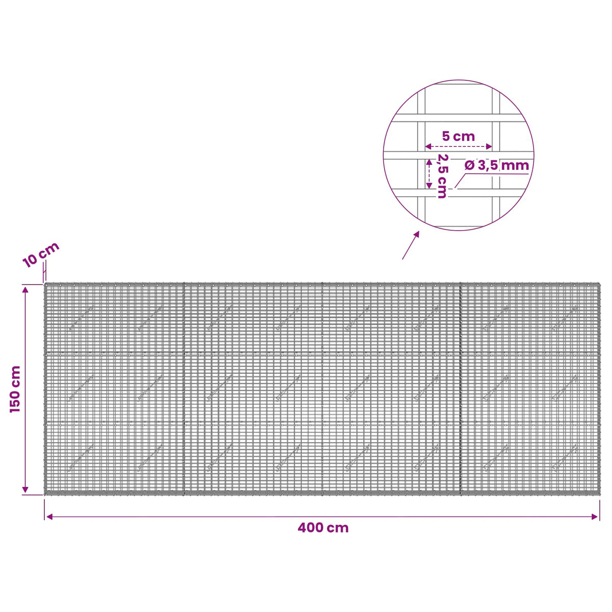 Gabion with 3.5 mm Wire and 5x2.5 cm Mesh 400x10x150 cm