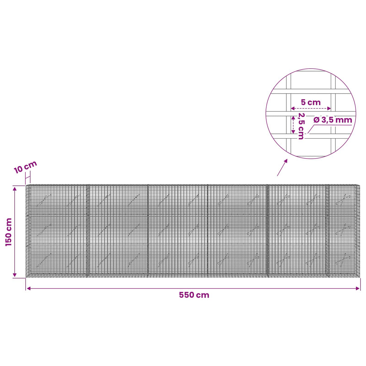 Gabion with 3.5 mm Wire and 5x2.5 cm Mesh 550x10x150 cm