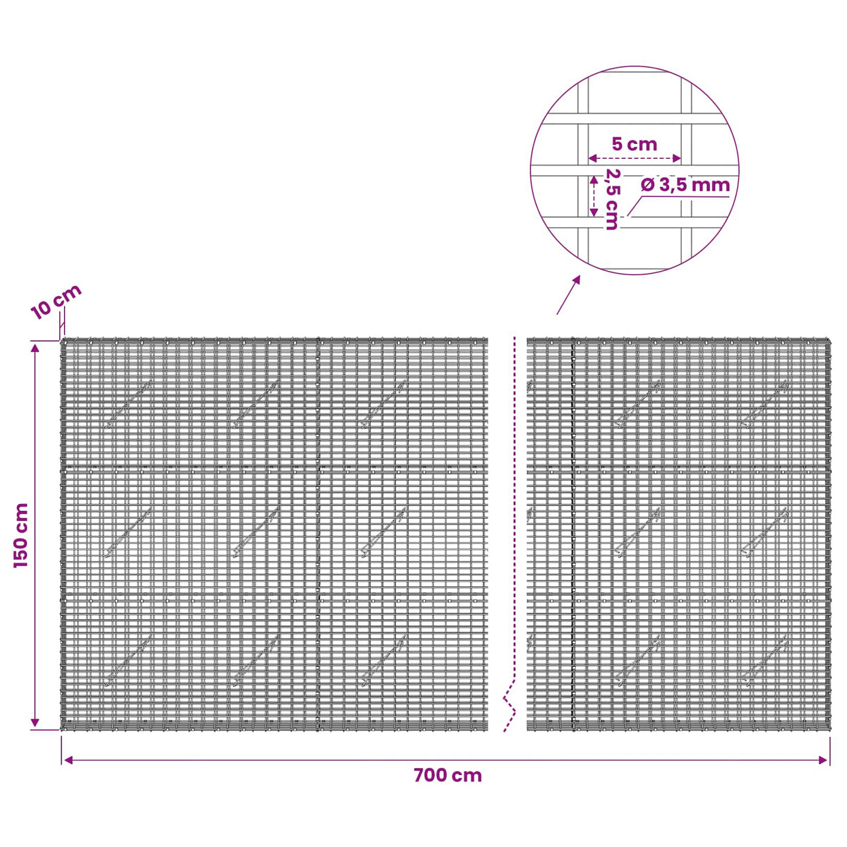 Gabion with 3.5 mm Wire and 5x2.5 cm Mesh 700x10x150 cm