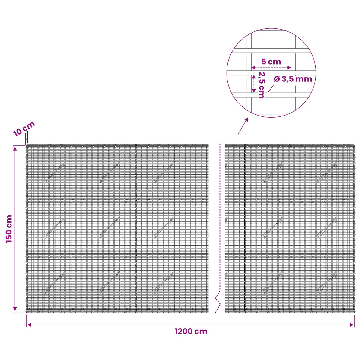 Gabion with 3.5 mm Wire and 5x2.5 cm Mesh 1200x10x150 cm