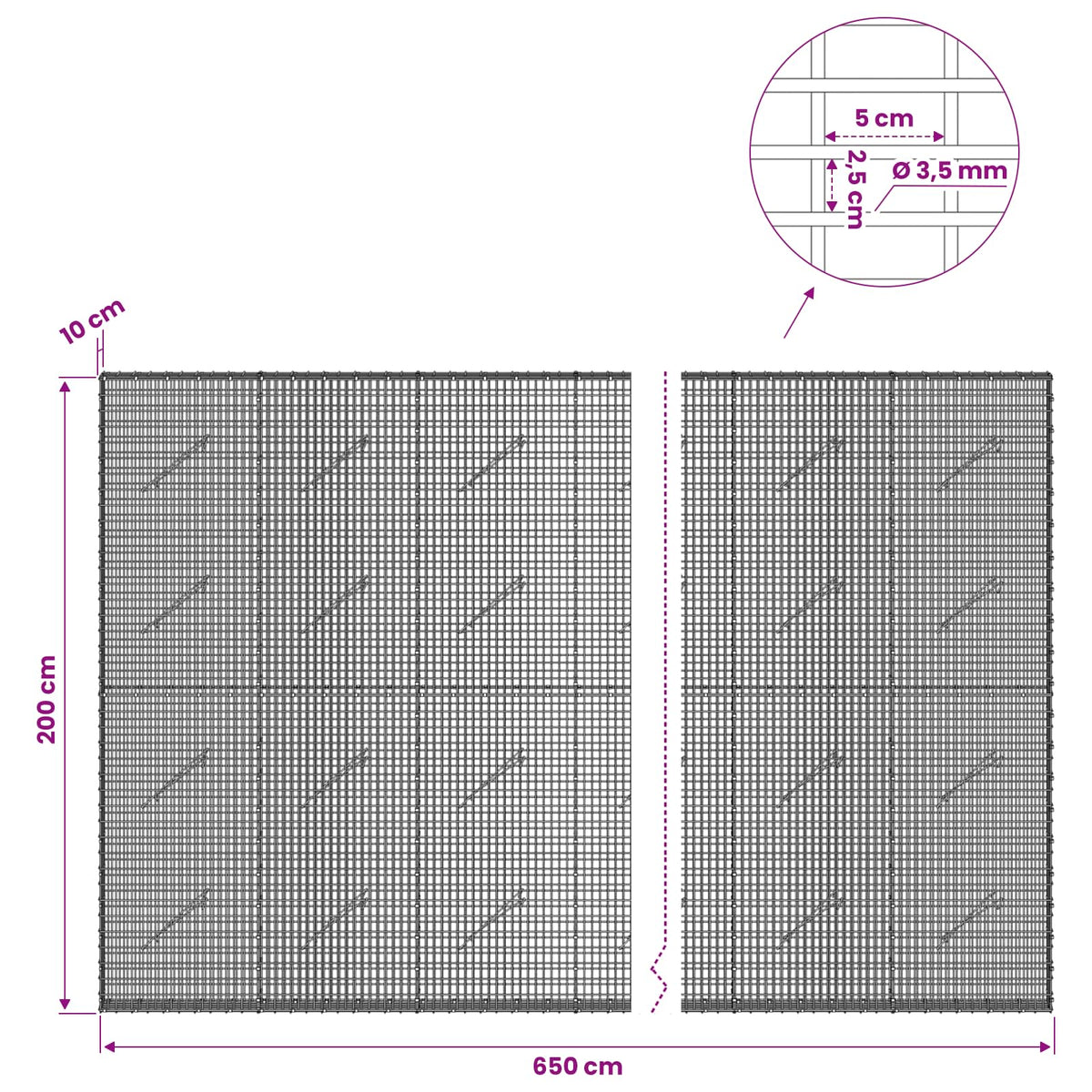 Gabion with 3.5 mm Wire and 5x2.5 cm Mesh 650x10x200 cm