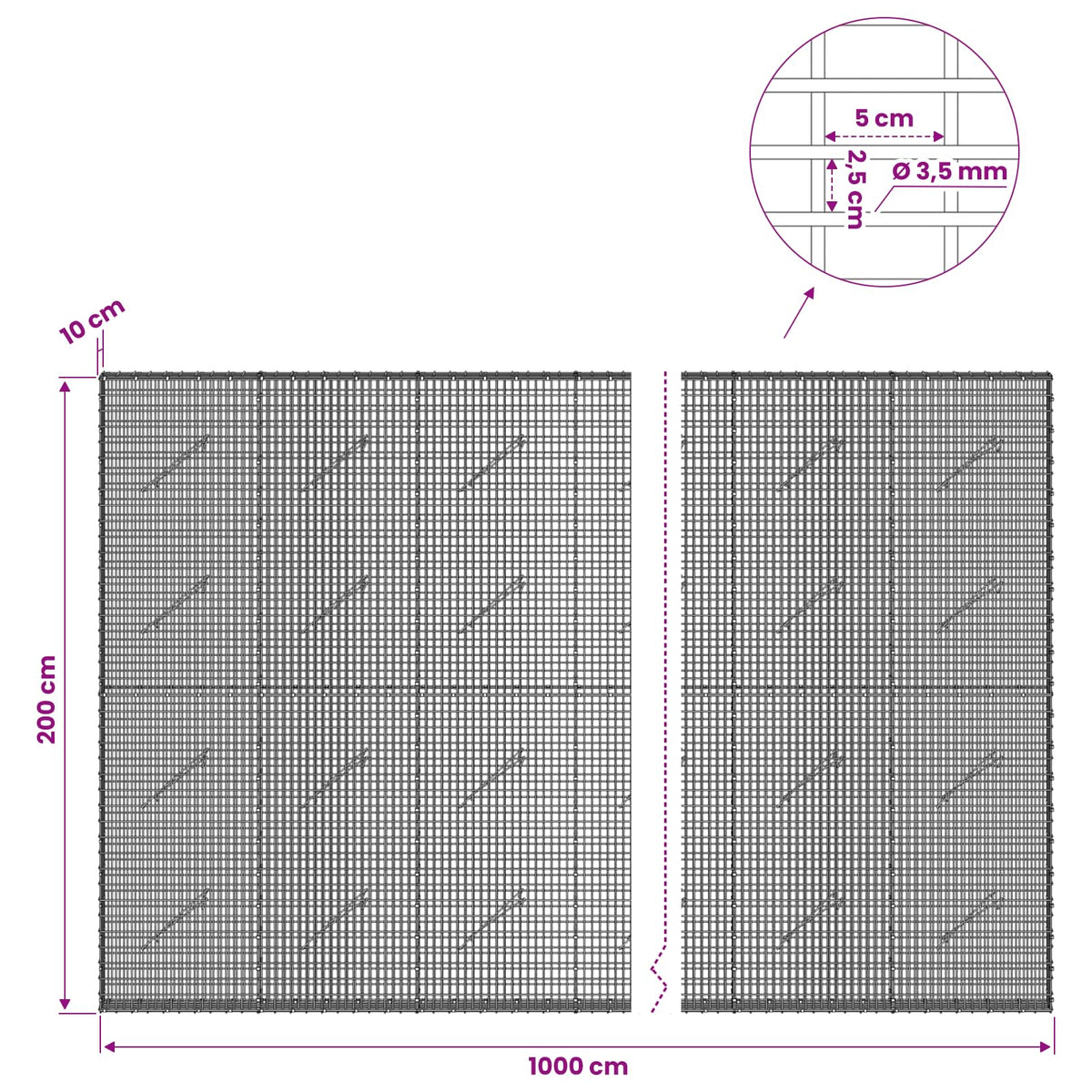 Gabion with 3.5 mm Wire and 5x2.5 cm Mesh 1000x10x200 cm