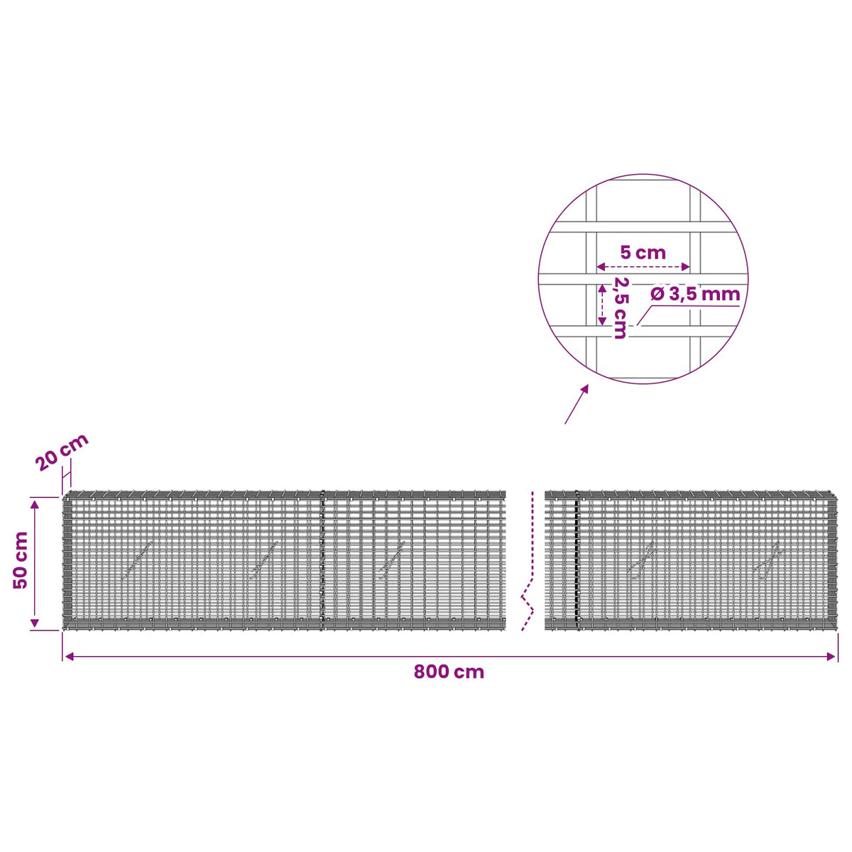 Gabion with 3.5 mm Wire and 5x2.5 cm Mesh 800x20x50 cm
