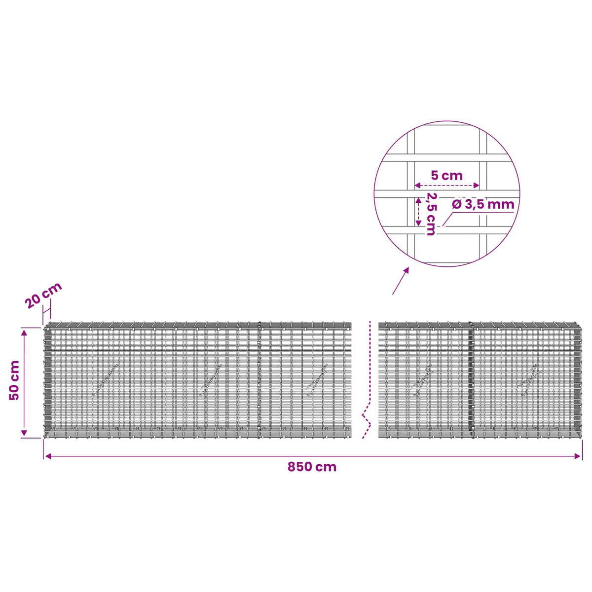 Gabion with 3.5 mm Wire and 5x2.5 cm Mesh 850x20x50 cm