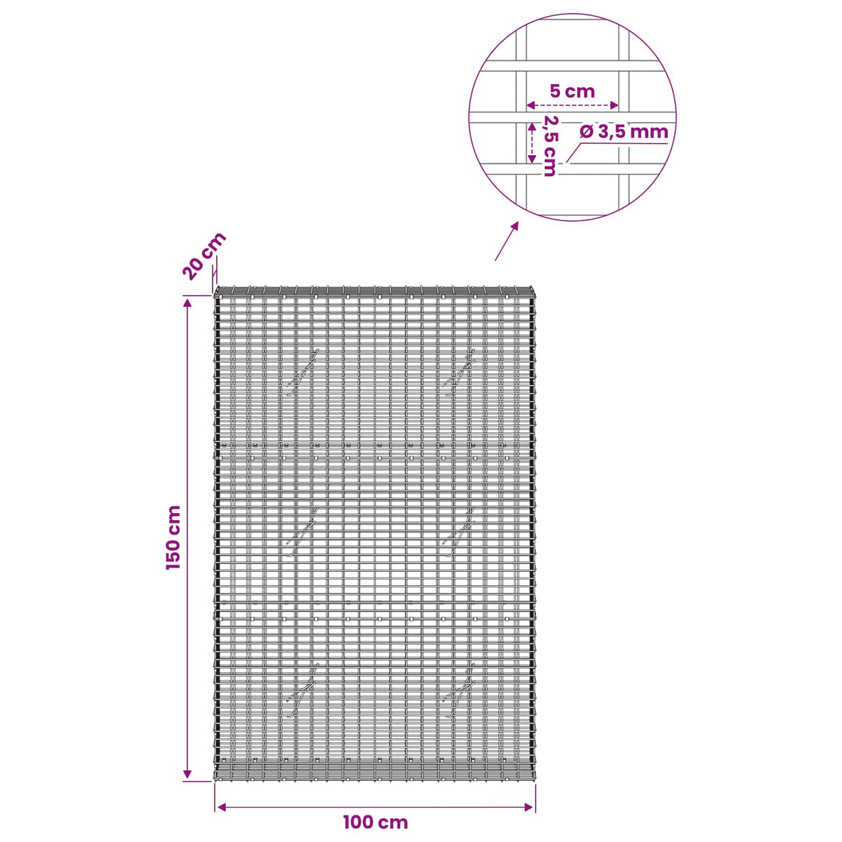 Gabion with 3.5 mm Wire and 5x2.5 cm Mesh 100x20x150 cm