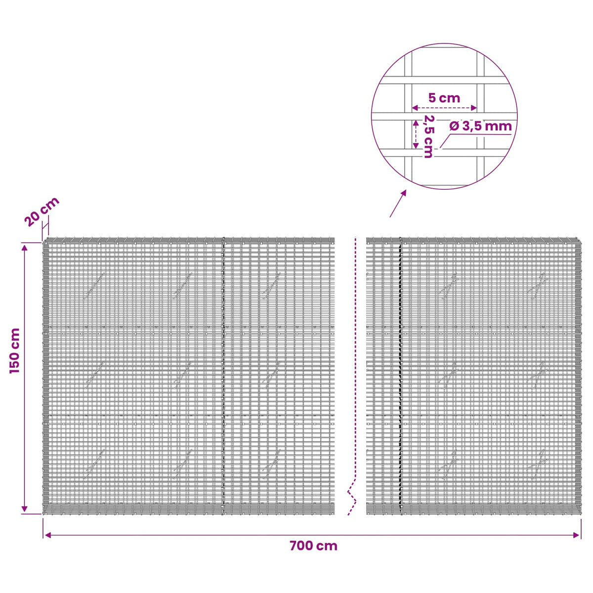 Gabion with 3.5 mm Wire and 5x2.5 cm Mesh 700x20x150 cm