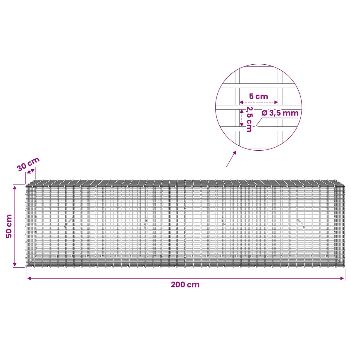 Gabion with 3.5 mm Wire and 5x2.5 cm Mesh 200x30x50 cm