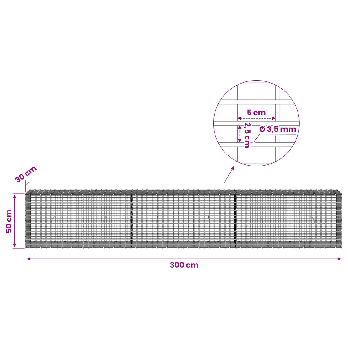 Gabion with 3.5 mm Wire and 5x2.5 cm Mesh 300x30x50 cm