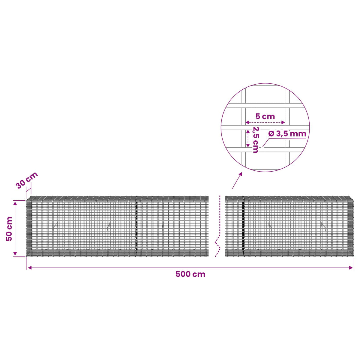 Gabion with 3.5 mm Wire and 5x2.5 cm Mesh 500x30x50 cm