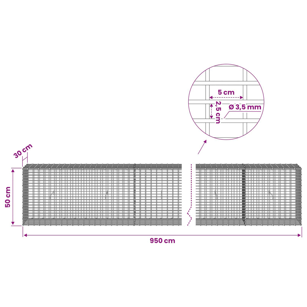 Gabion with 3.5 mm Wire and 5x2.5 cm Mesh 950x30x50 cm