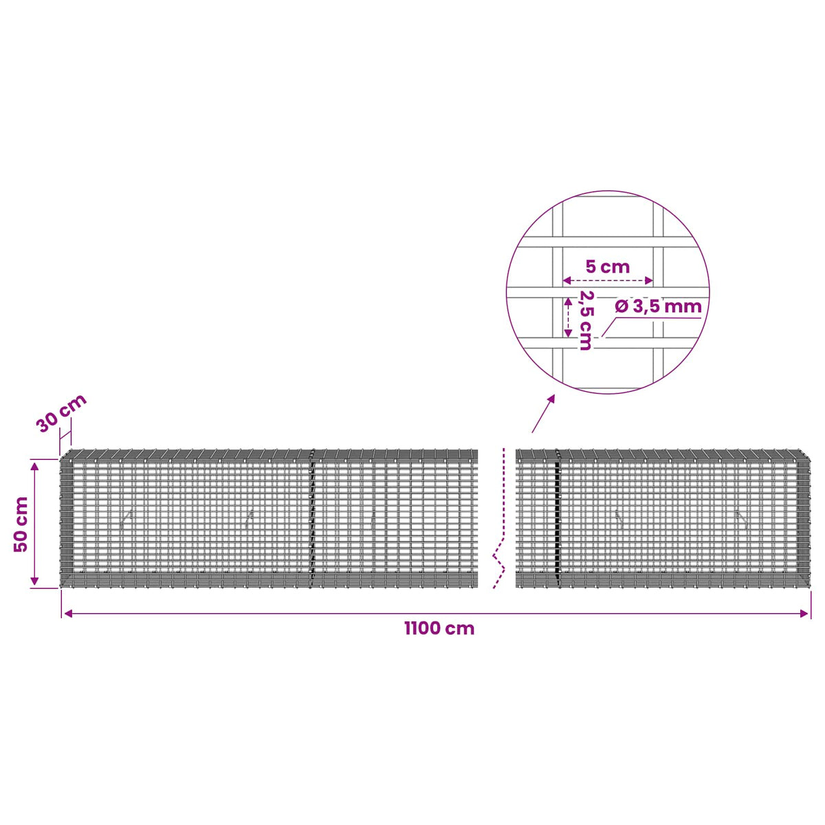 Gabion with 3.5 mm Wire and 5x2.5 cm Mesh 1100x30x50 cm