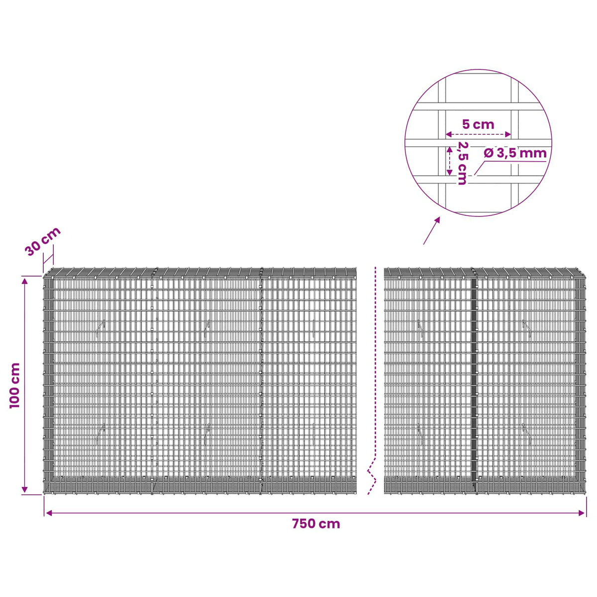 Gabion with 3.5 mm Wire and 5x2.5 cm Mesh 750x30x100 cm