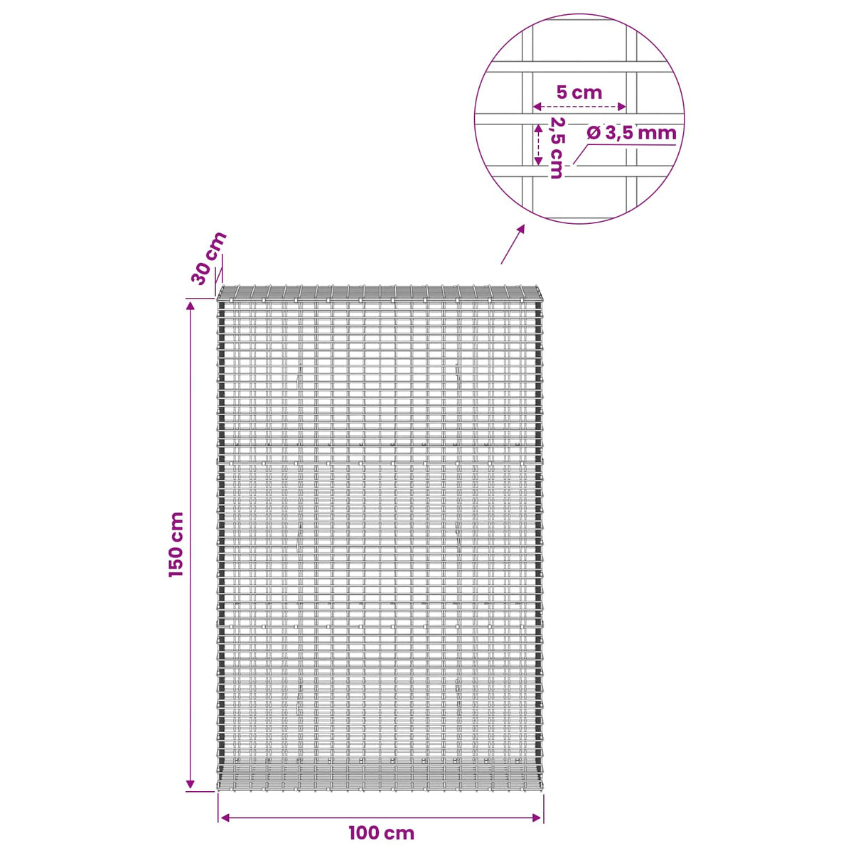 Gabion with 3.5 mm Wire and 5x2.5 cm Mesh 100x30x150 cm