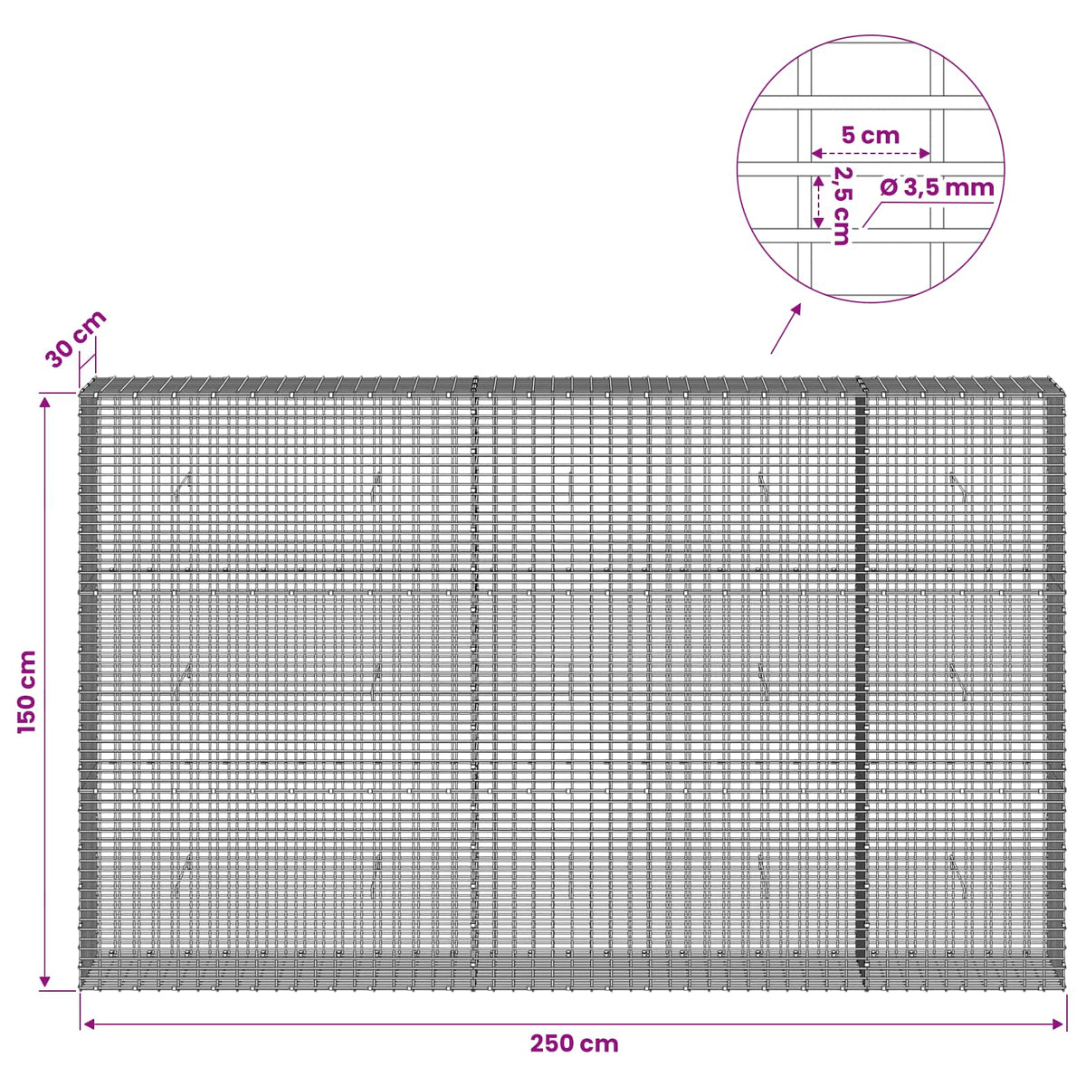 Gabion with 3.5 mm Wire and 5x2.5 cm Mesh 250x30x150 cm