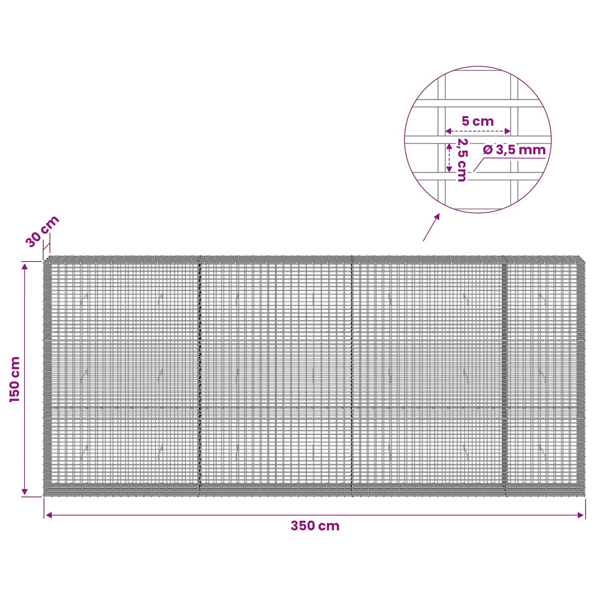 Gabion with 3.5 mm Wire and 5x2.5 cm Mesh 350x30x150 cm