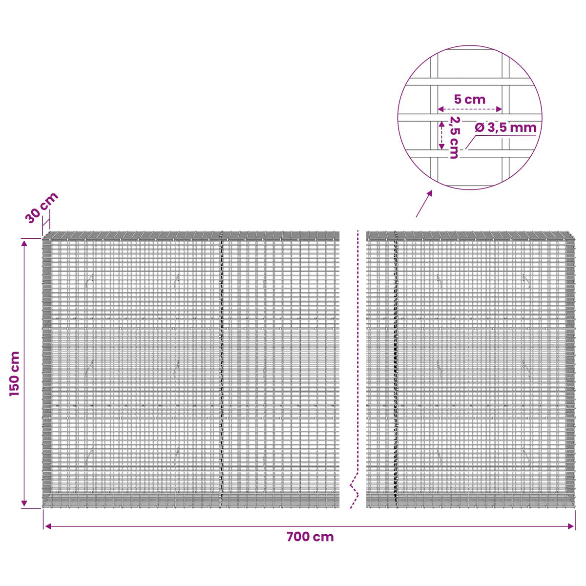 Gabion with 3.5 mm Wire and 5x2.5 cm Mesh 700x30x150 cm
