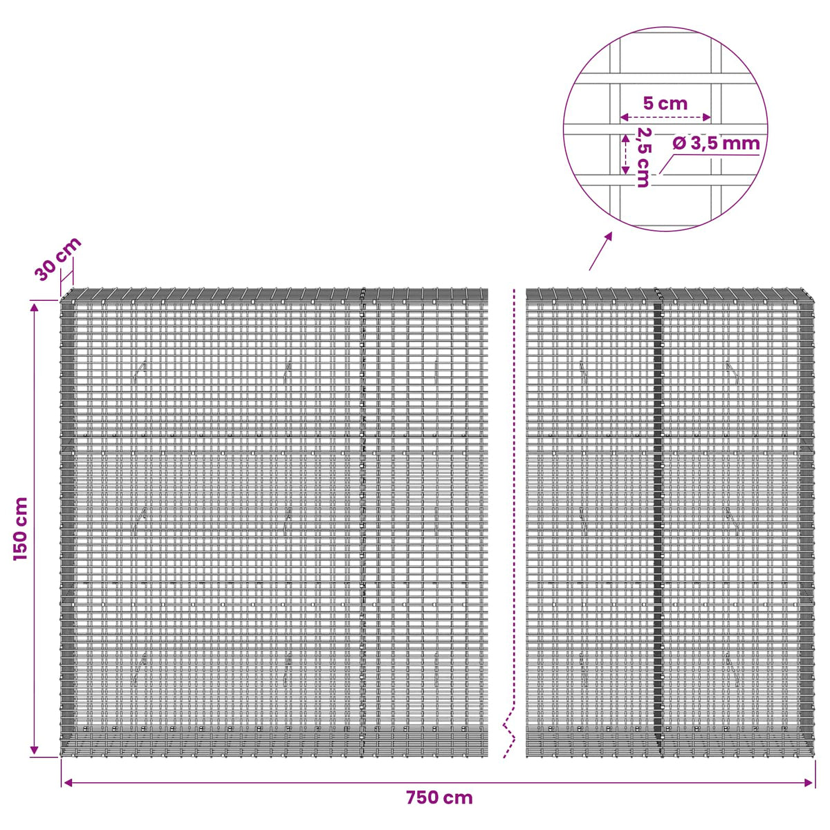Gabion with 3.5 mm Wire and 5x2.5 cm Mesh 750x30x150 cm