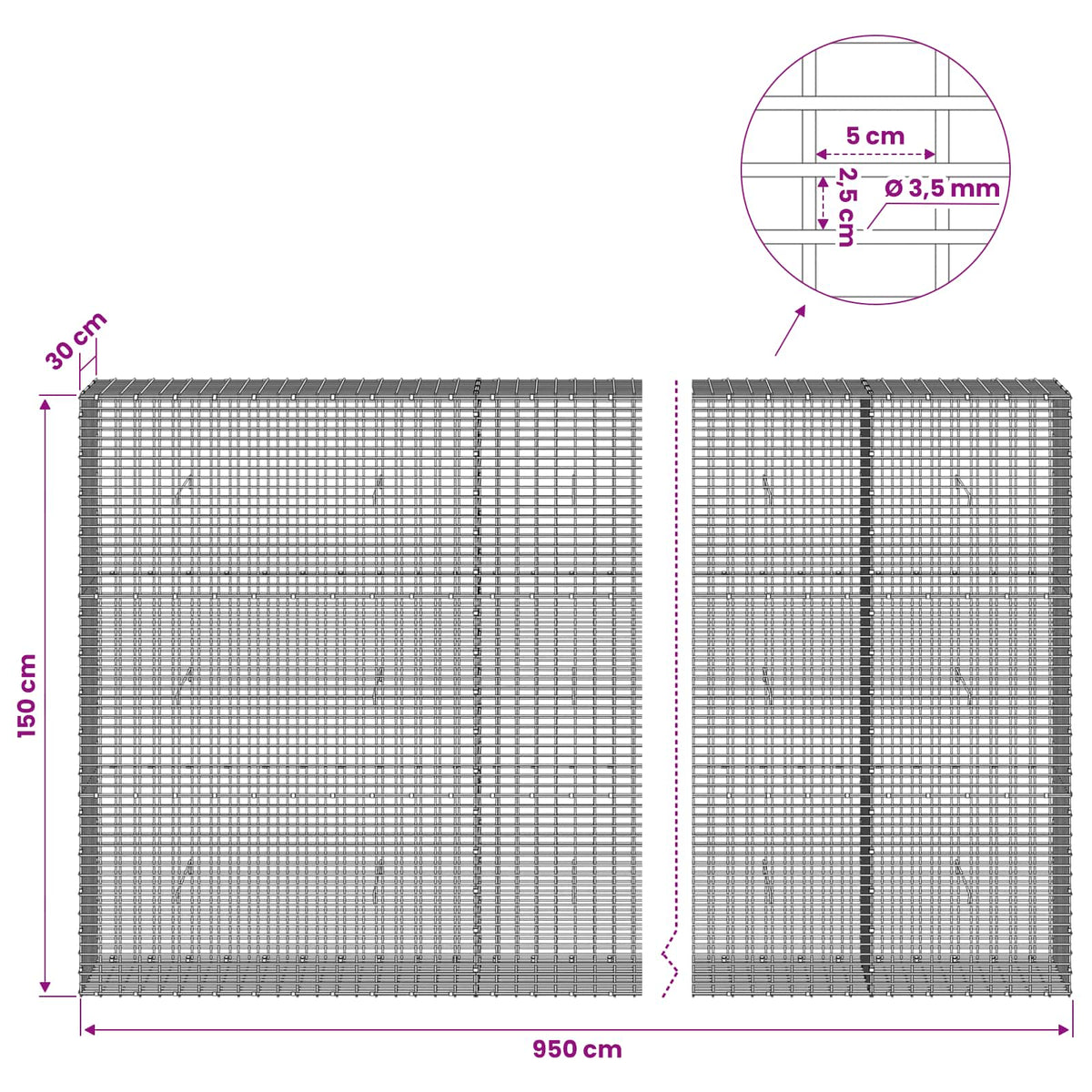 Gabion with 3.5 mm Wire and 5x2.5 cm Mesh 950x30x150 cm