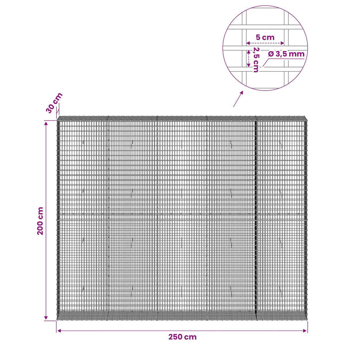 Gabion with 3.5 mm Wire and 5x2.5 cm Mesh 250x30x200 cm