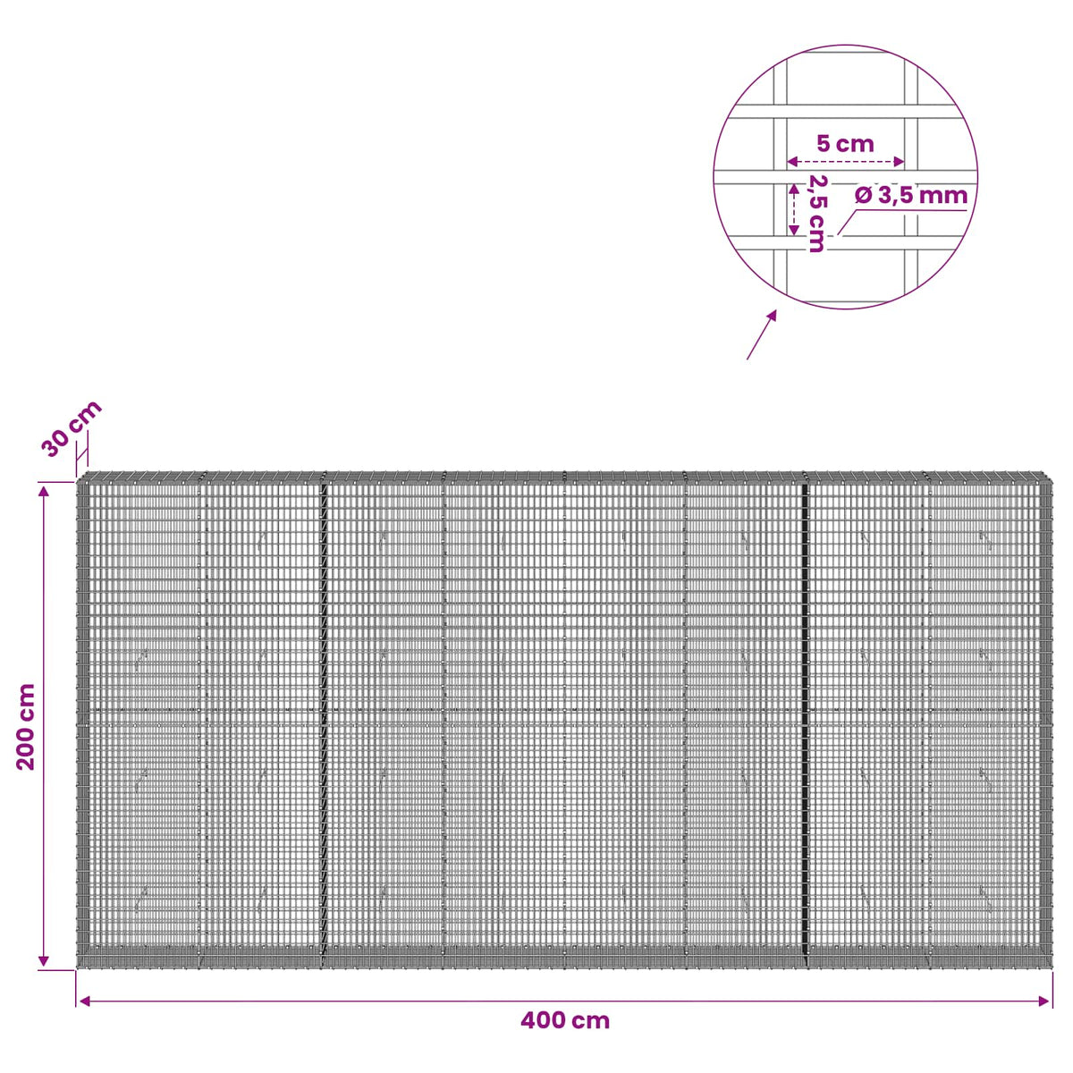 Gabion with 3.5 mm Wire and 5x2.5 cm Mesh 400x30x200 cm