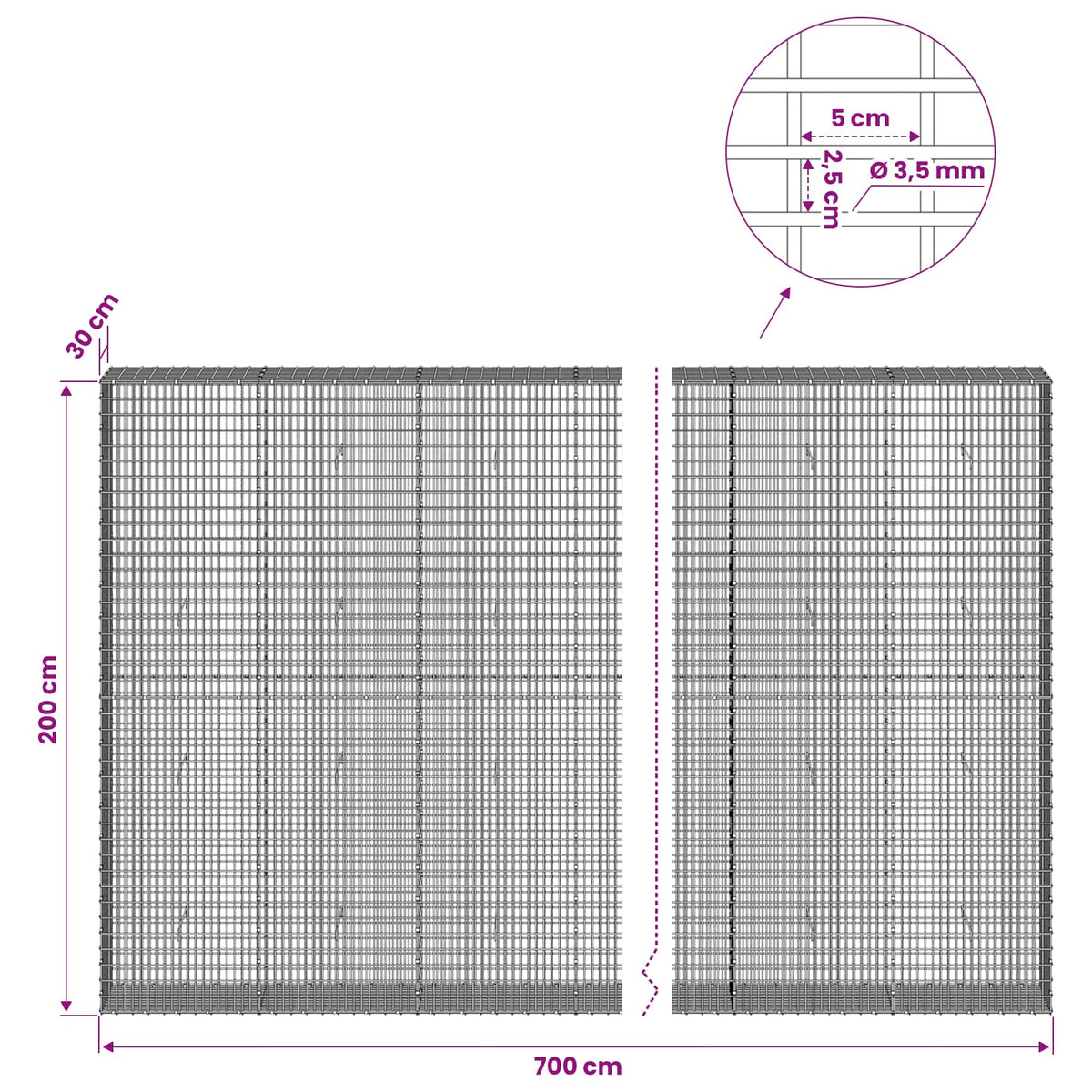 Gabion with 3.5 mm Wire and 5x2.5 cm Mesh 700x30x200 cm