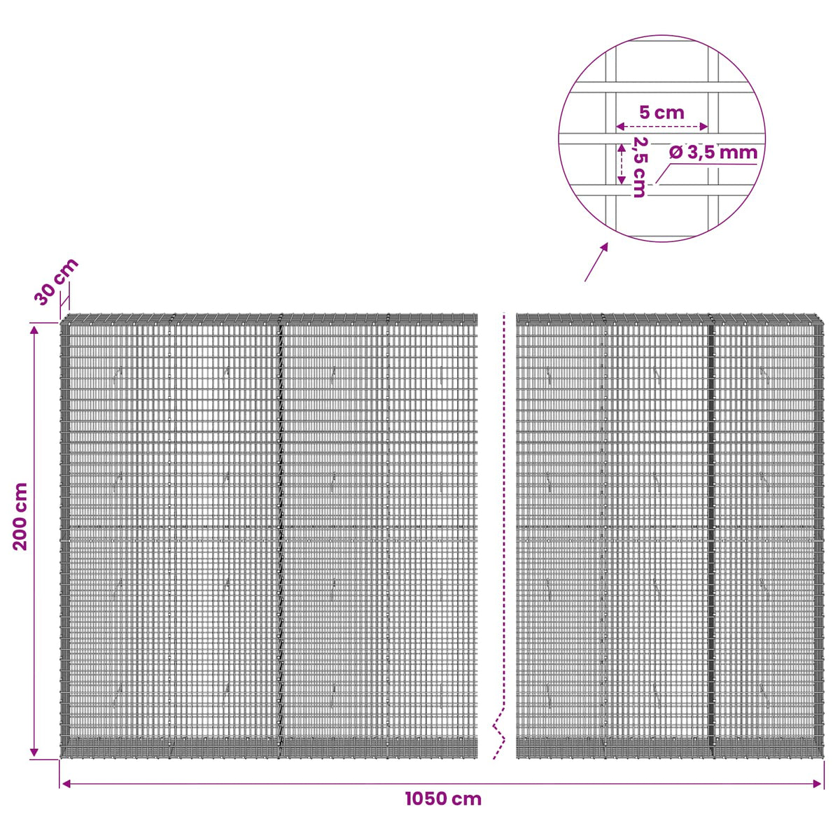 Gabion with 3.5 mm Wire and 5x2.5 cm Mesh 1050x30x200 cm