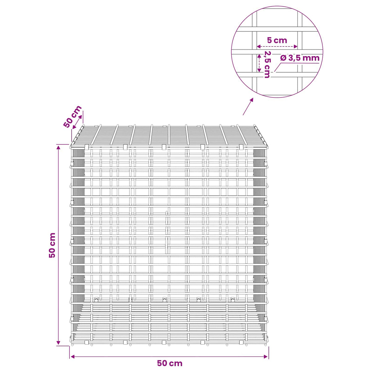 Gabion with 3.5 mm Wire and 5x2.5 cm Mesh 50x50x50 cm