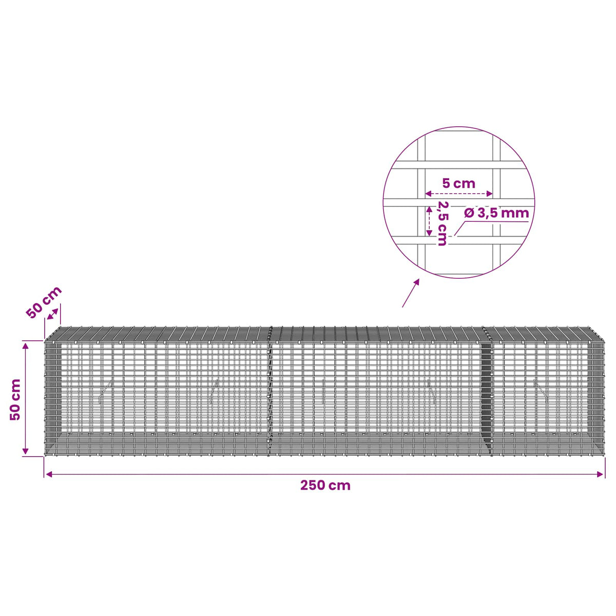 Gabion with 3.5 mm Wire and 5x2.5 cm Mesh 250x50x50 cm
